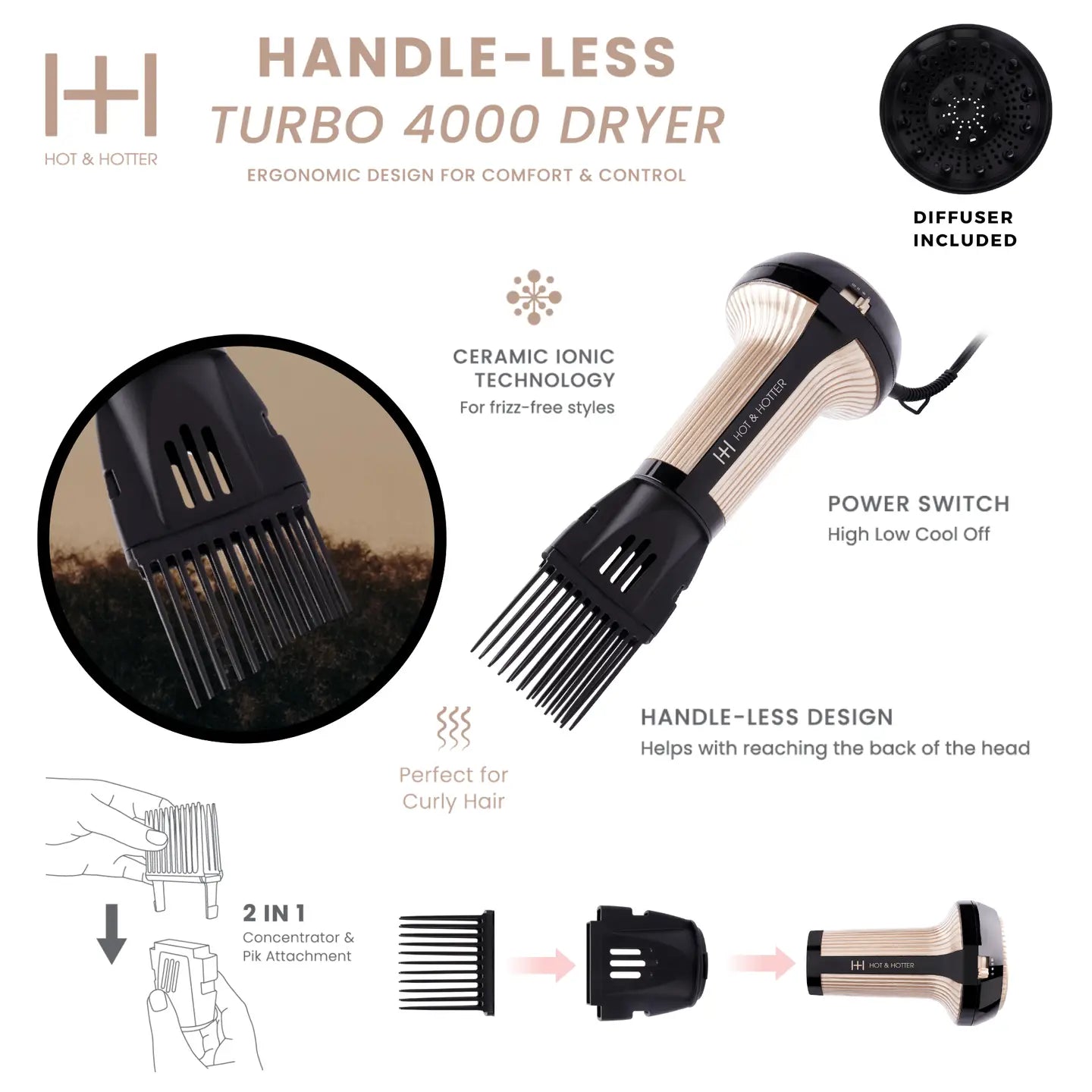 Hotter Turbo 4000 Ceramic Handle-less Hair Dryer in luxurious Gold