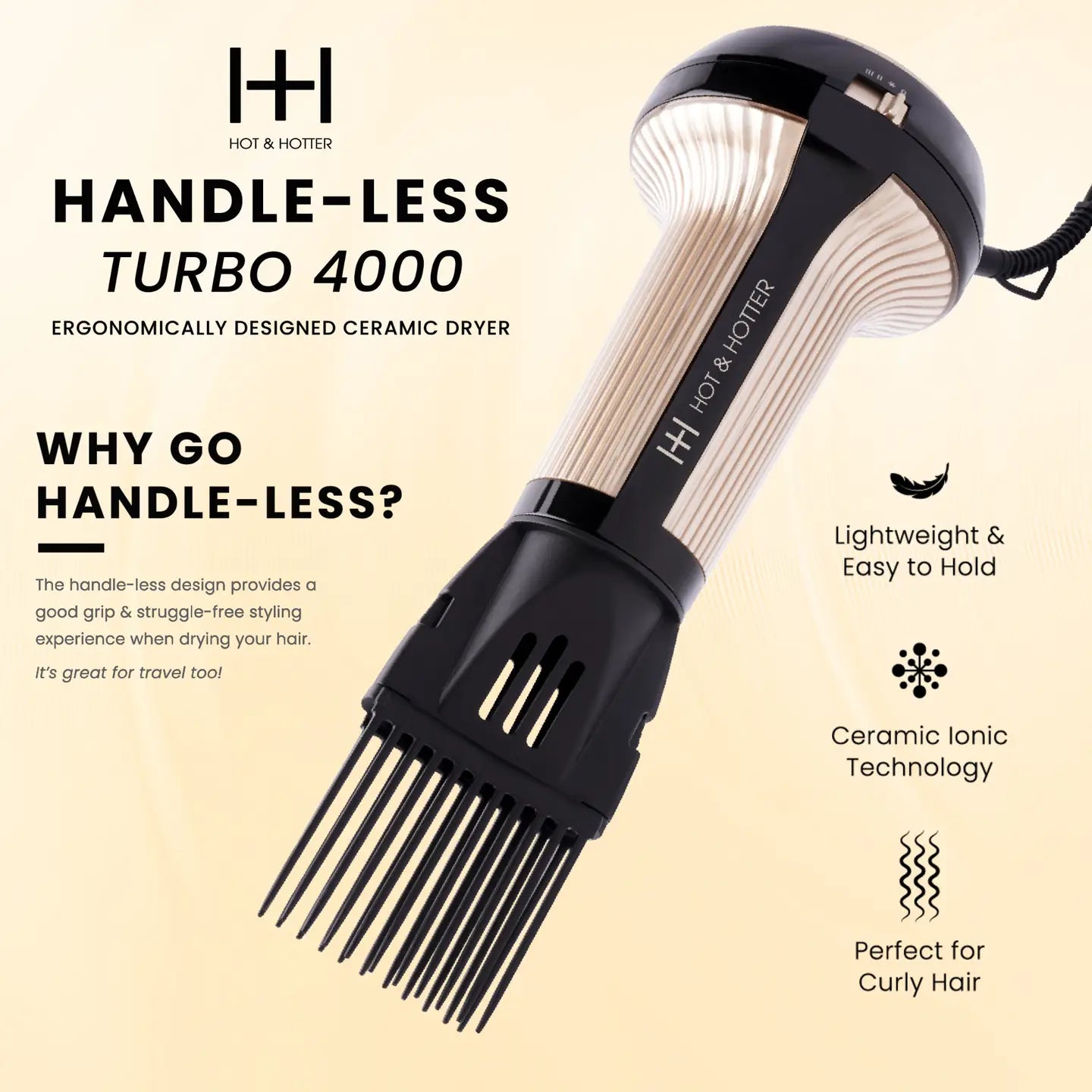 Hotter Turbo 4000 Ceramic Handle-less Hair Dryer in luxurious Gold